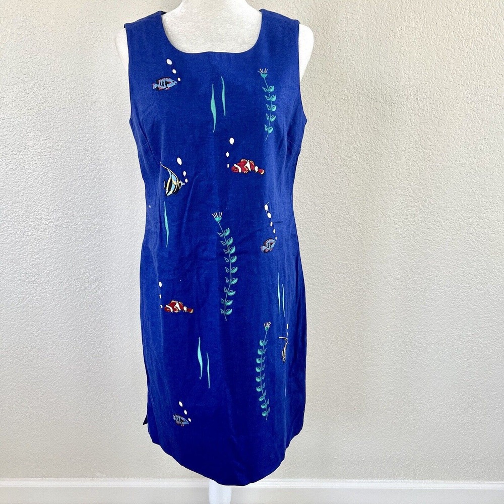 Vtg VICTORIA HOLLEY Blue Sleeveless Embroidered Ocean Fish Sheath Dress Sz 10